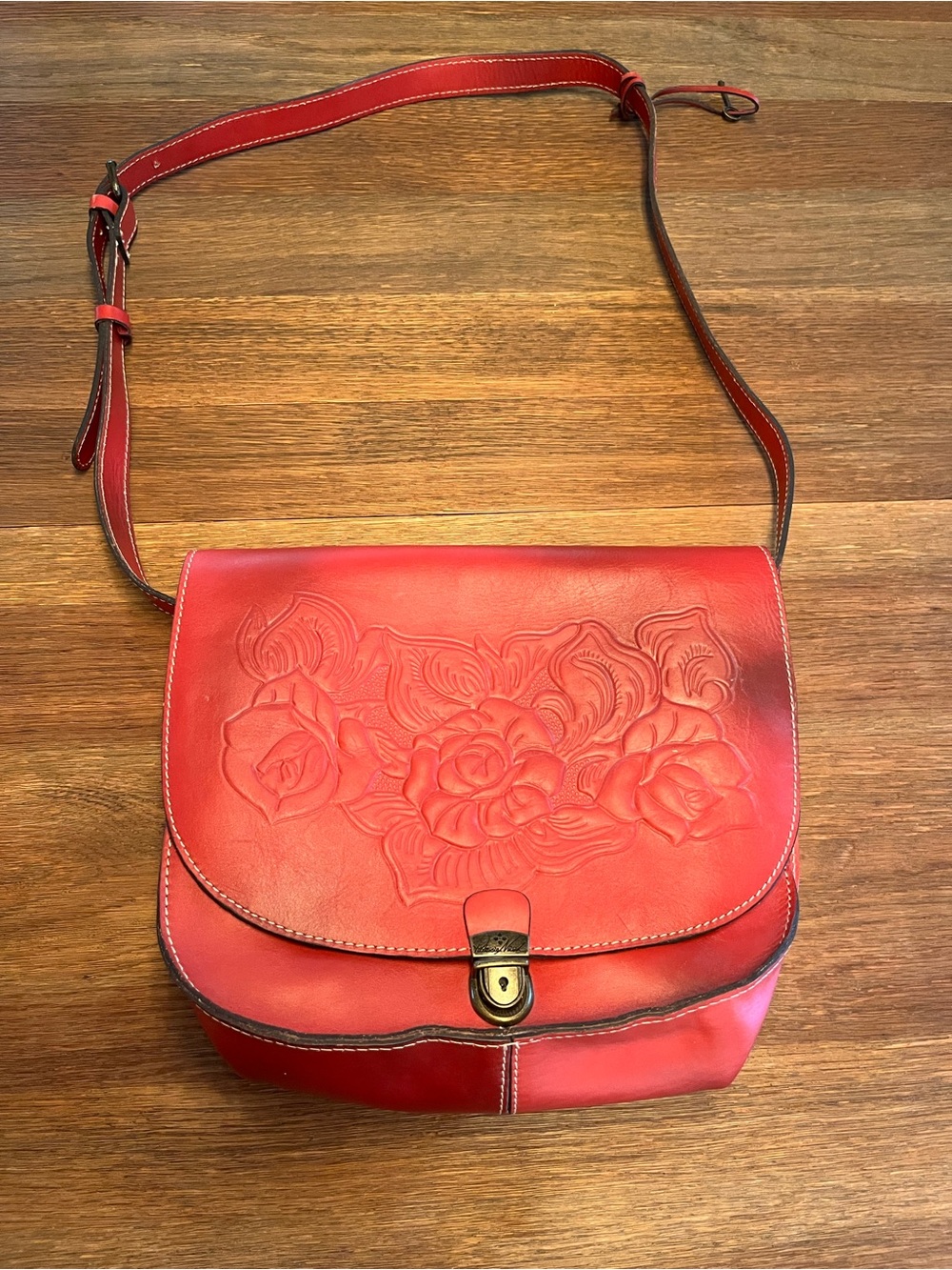 Red Leather Patricia Nash Floral Embossed Crossbody Bag